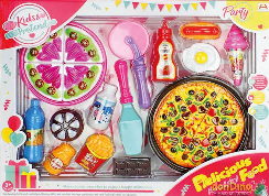 Set comidas delicious food con pastel, pizza y accesorios